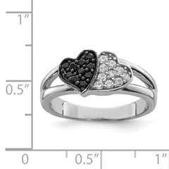 Sterling Silver Rhodium Clear & Black CZ Hearts Ring