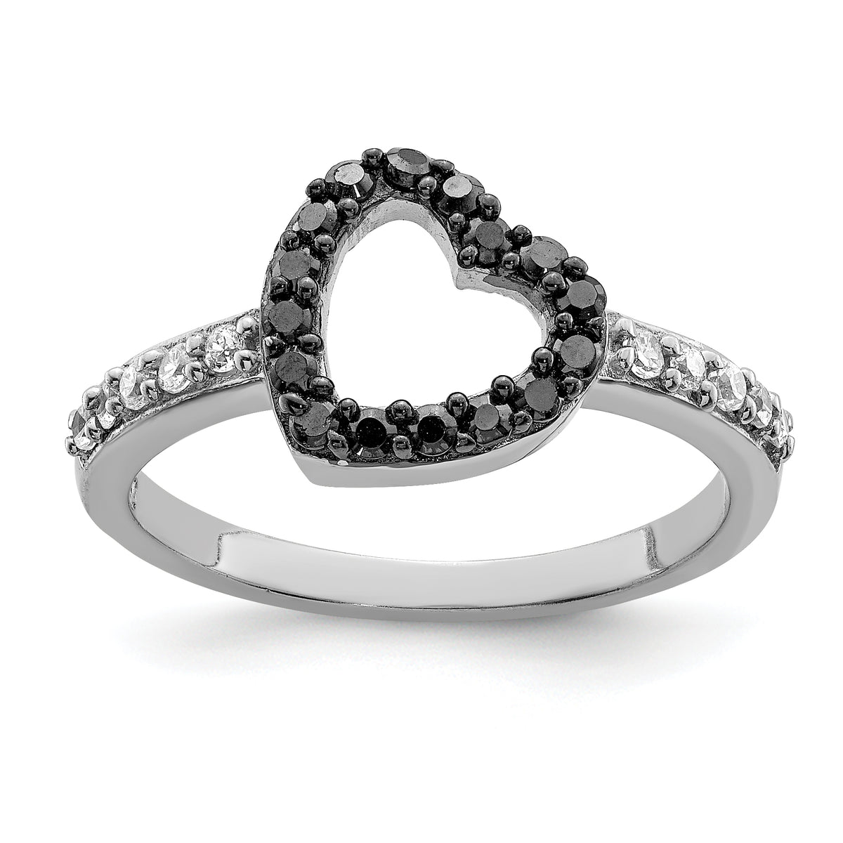 Sterling Silver Rhodium Black & White CZ Heart Ring