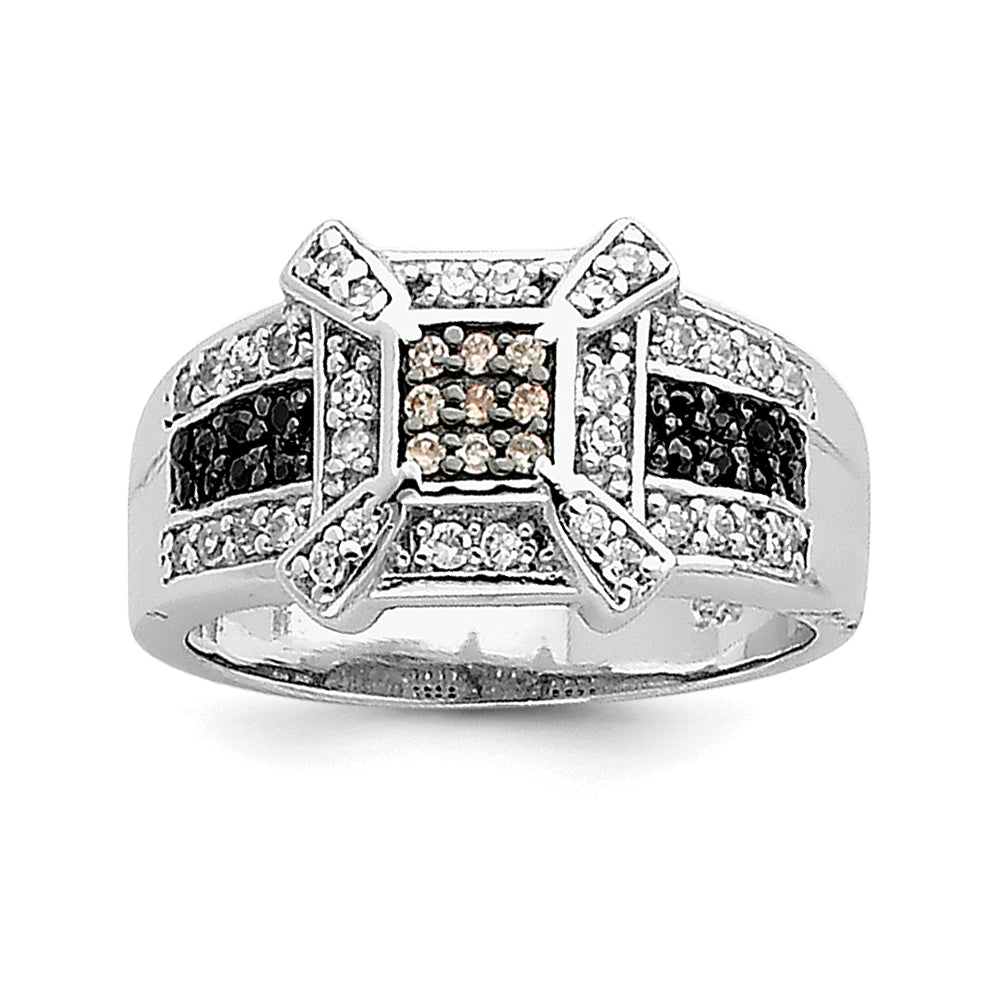 Sterling Silver Rhodium Champ/Black/White CZ Square Ring