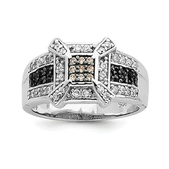 Sterling Silver Rhodium Champ/Black/White CZ Square Ring