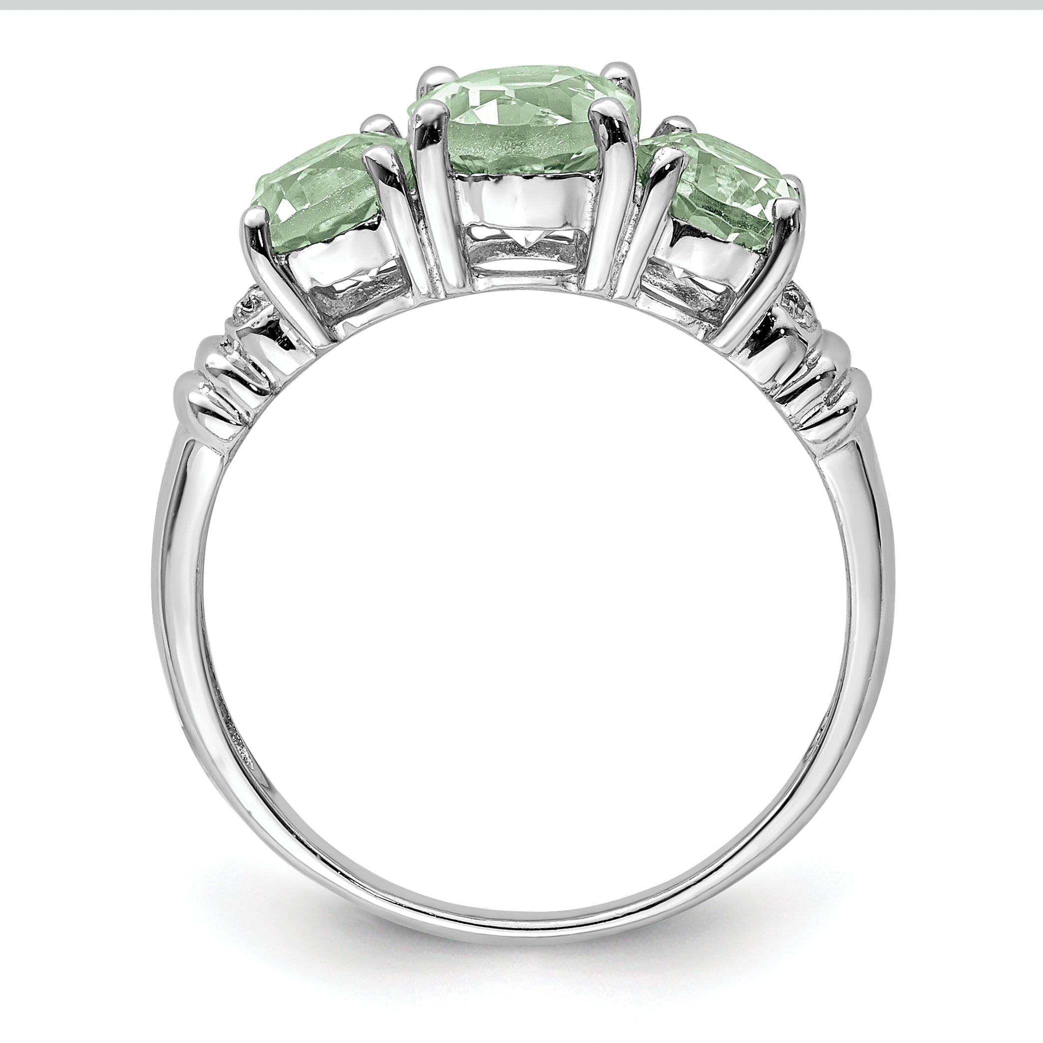 Sterling Silver Rhodium 3 Pear Green Quartz & Diamond Ring