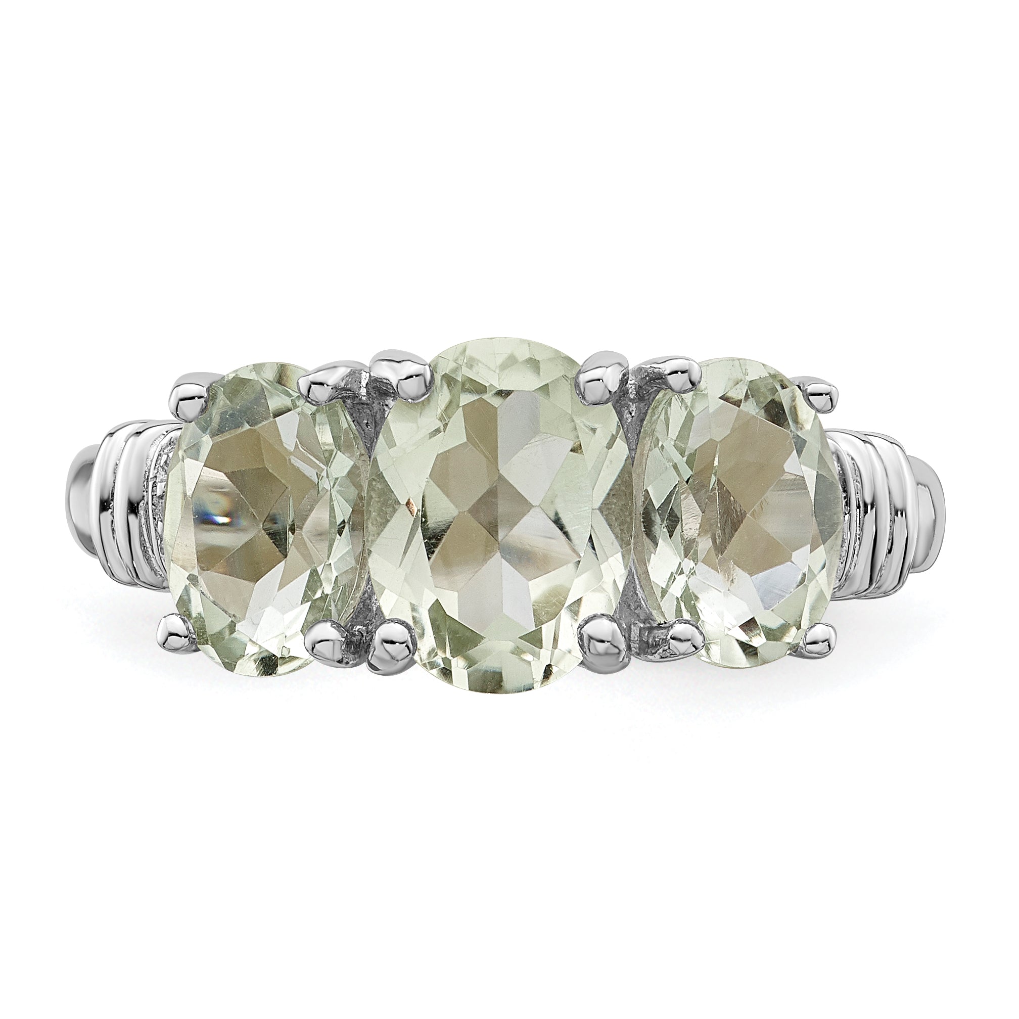 Sterling Silver Rhodium 3 Pear Green Quartz & Diamond Ring