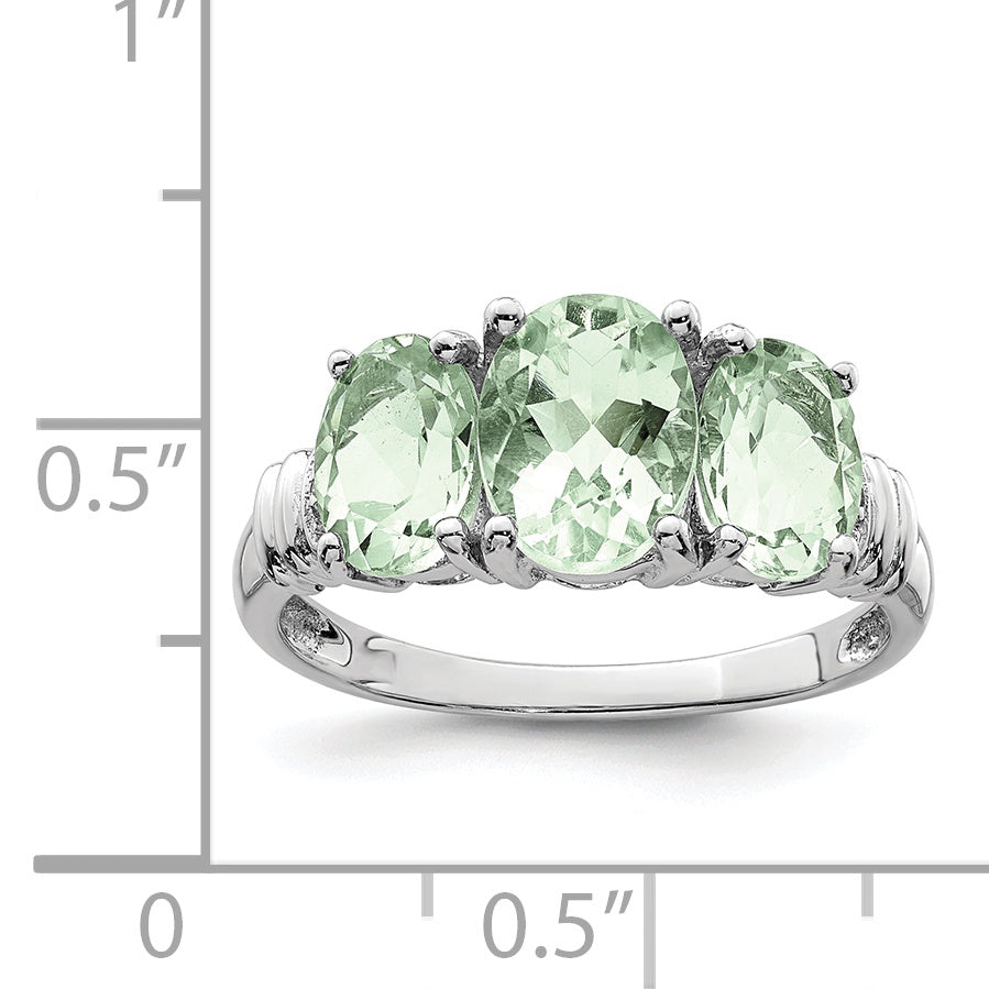 Sterling Silver Rhodium 3 Pear Green Quartz & Diamond Ring