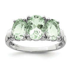 Sterling Silver Rhodium 3 Pear Green Quartz & Diamond Ring