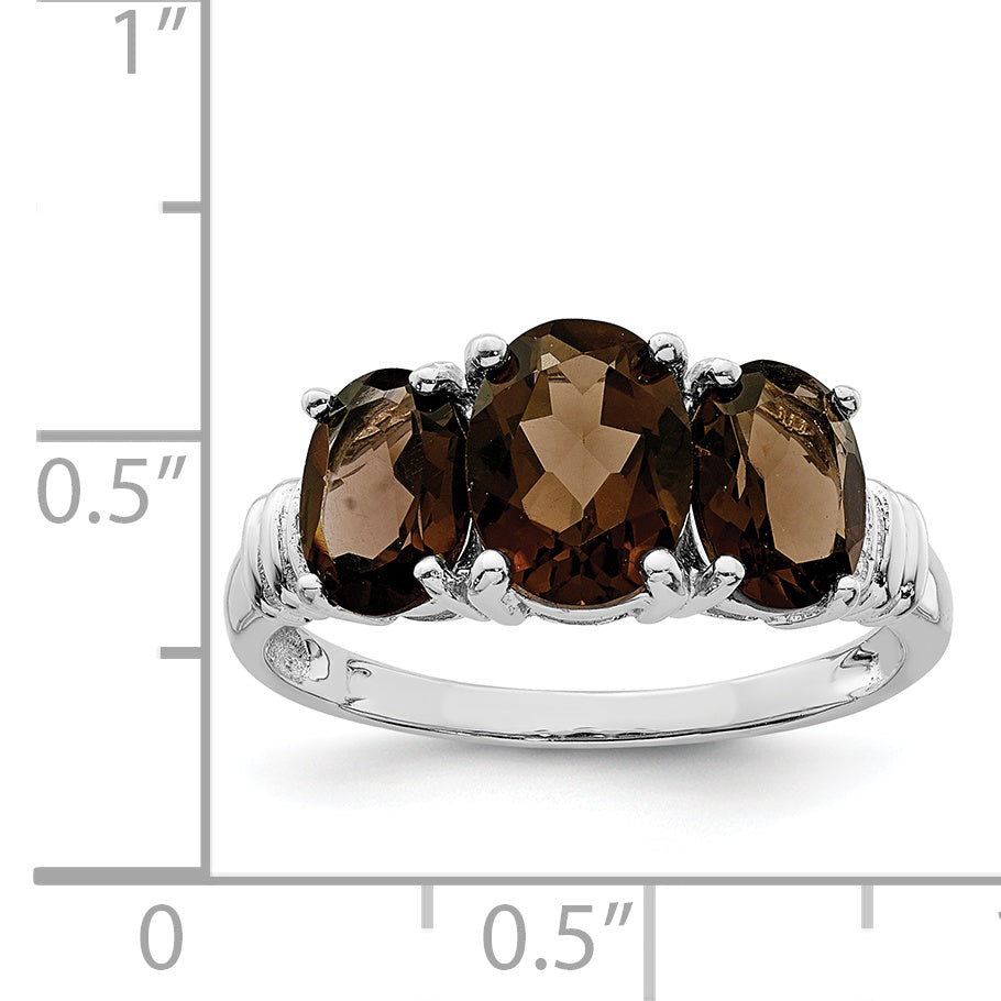 Sterling Silver Rhodium 3 Stone Smoky Quartz & Diamond Ring