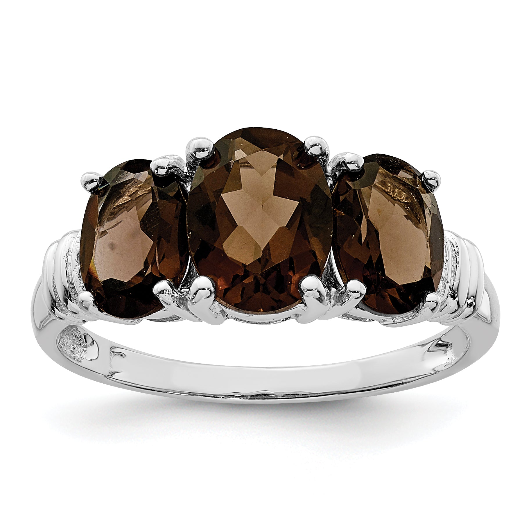 Sterling Silver Rhodium 3 Stone Smoky Quartz & Diamond Ring