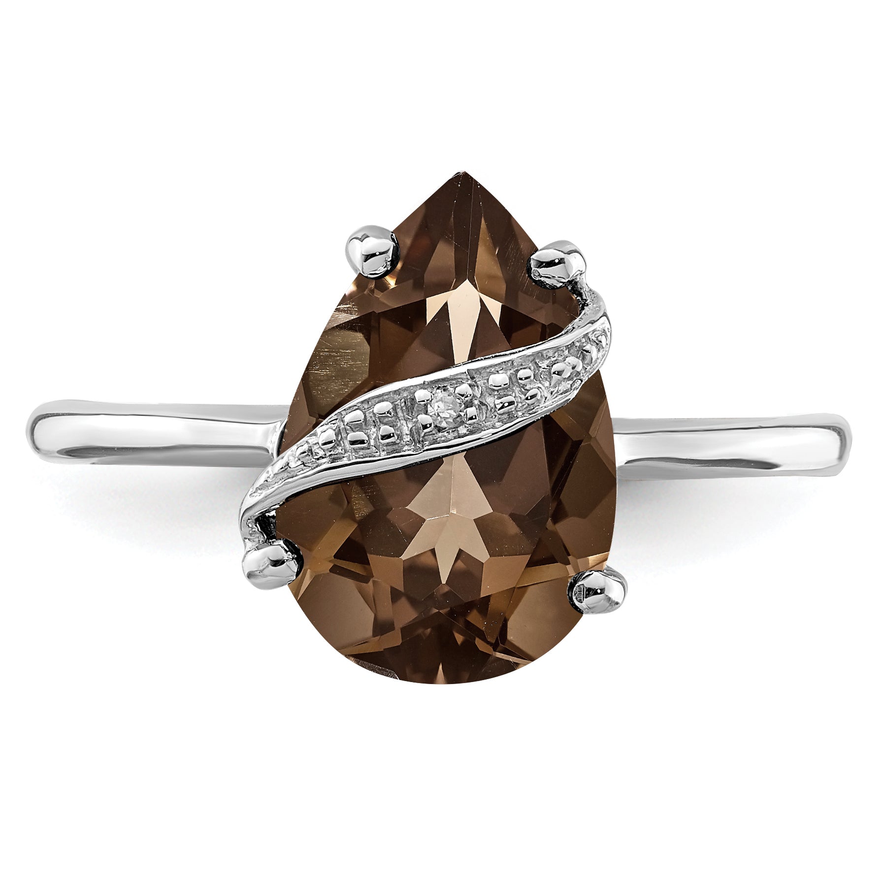 Sterling Silver Rhodium Pear Smoky Quartz & Diamond Ring