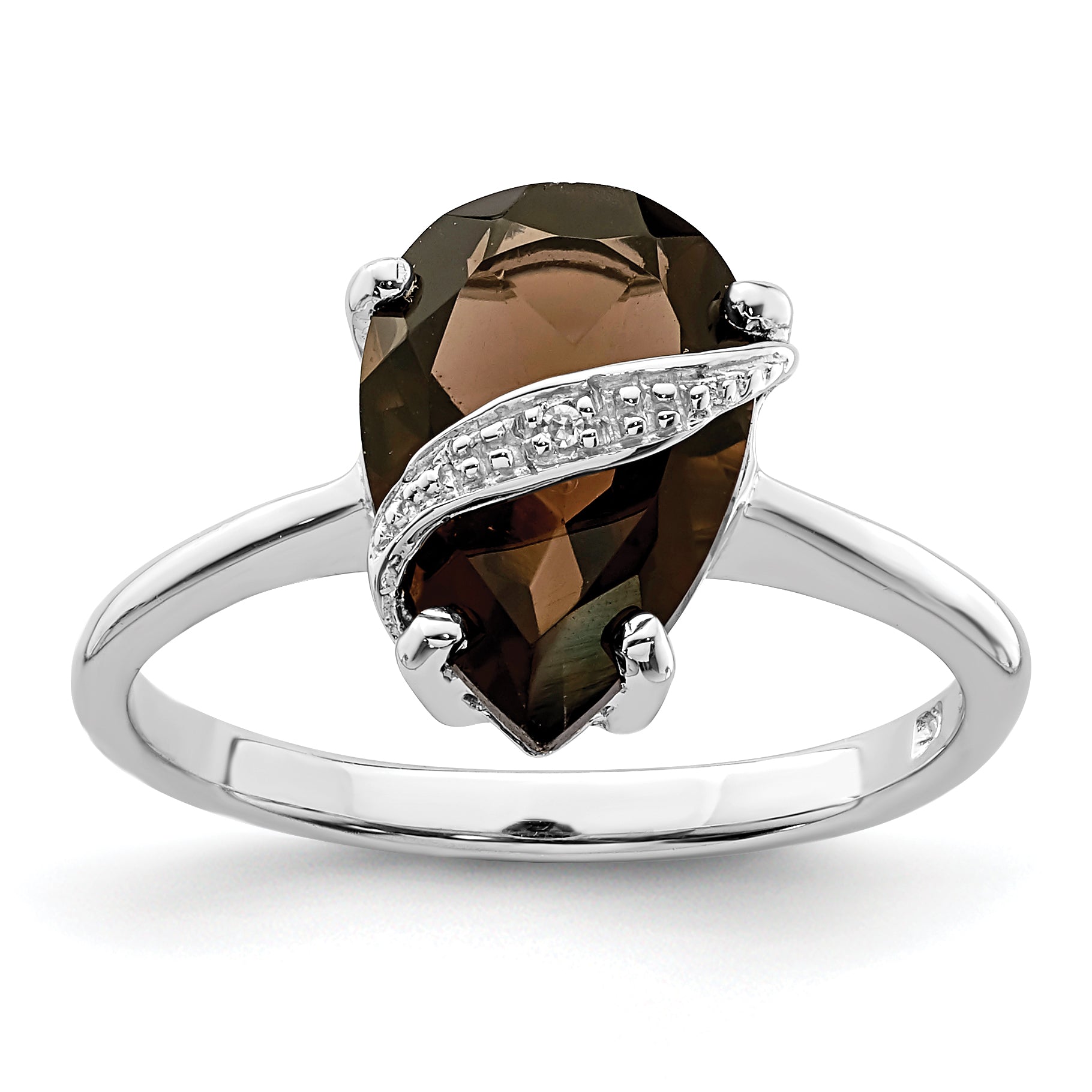 Sterling Silver Rhodium Pear Smoky Quartz & Diamond Ring