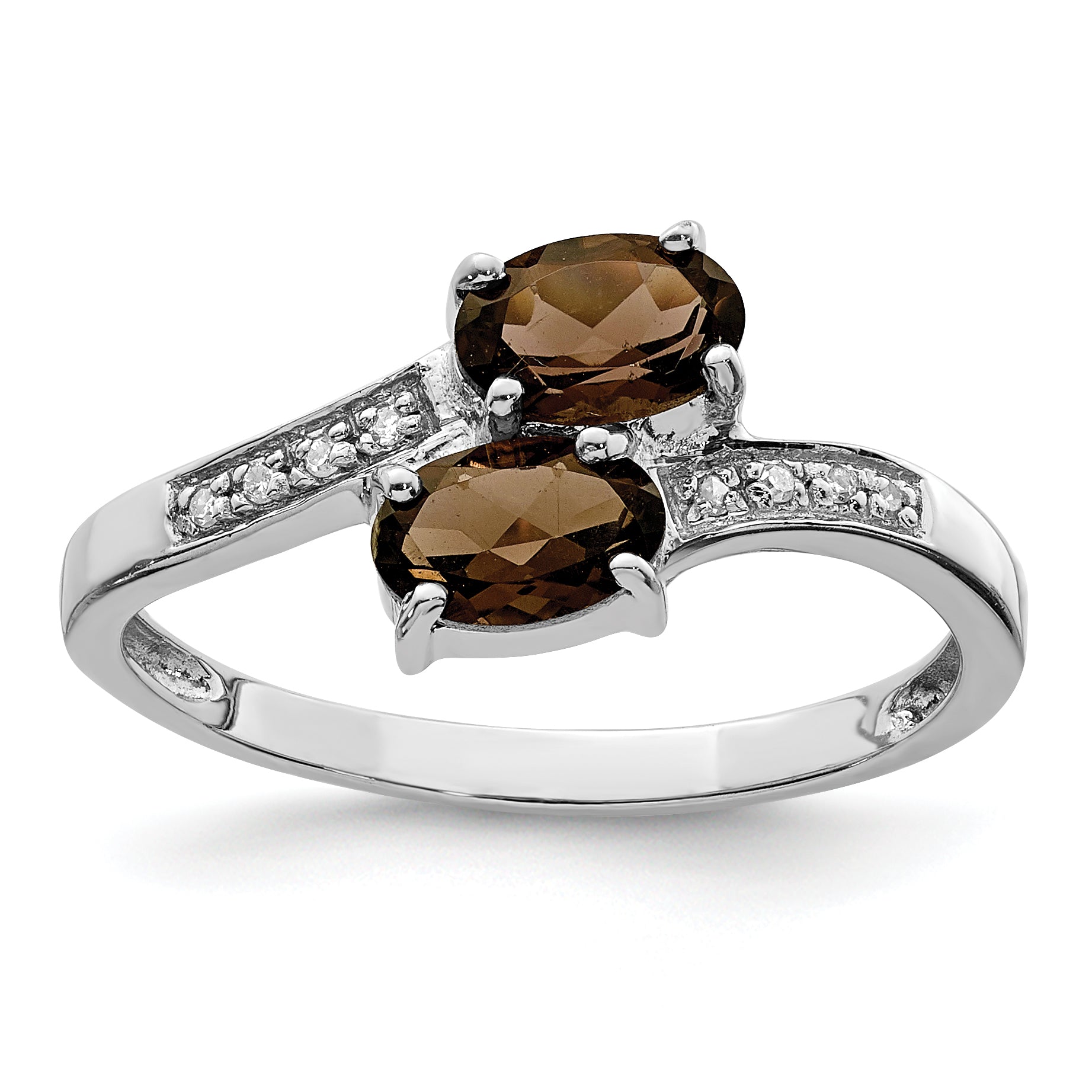 Sterling Silver Rhodium 2 Pear Smoky Quartz & Diamond Ring