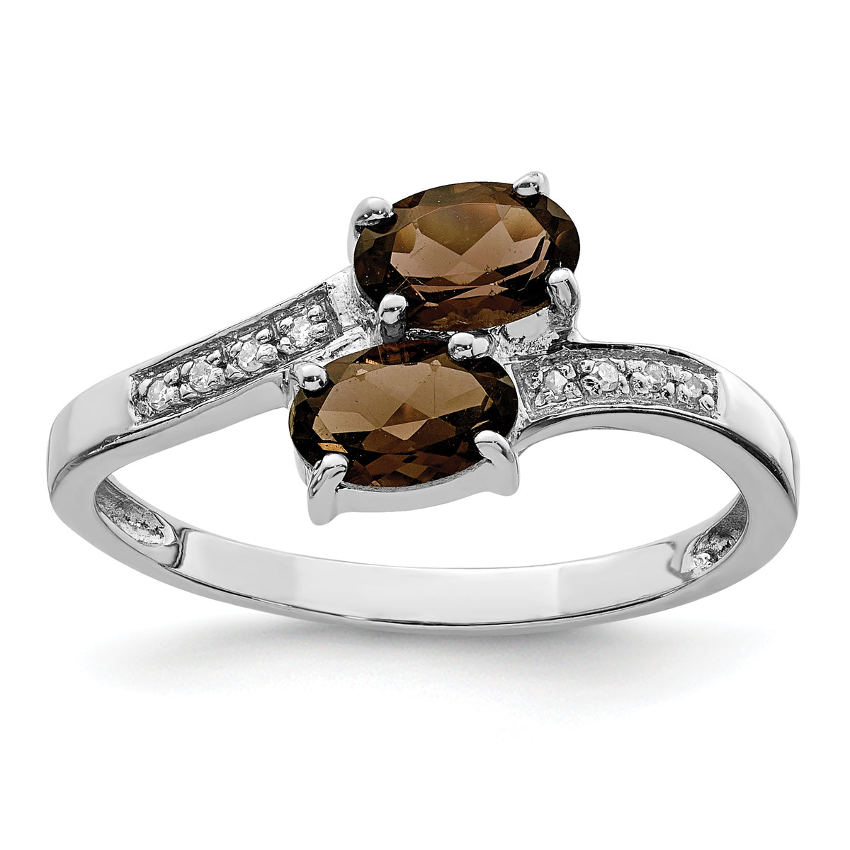 Sterling Silver Rhodium 2 Pear Smoky Quartz & Diamond Ring