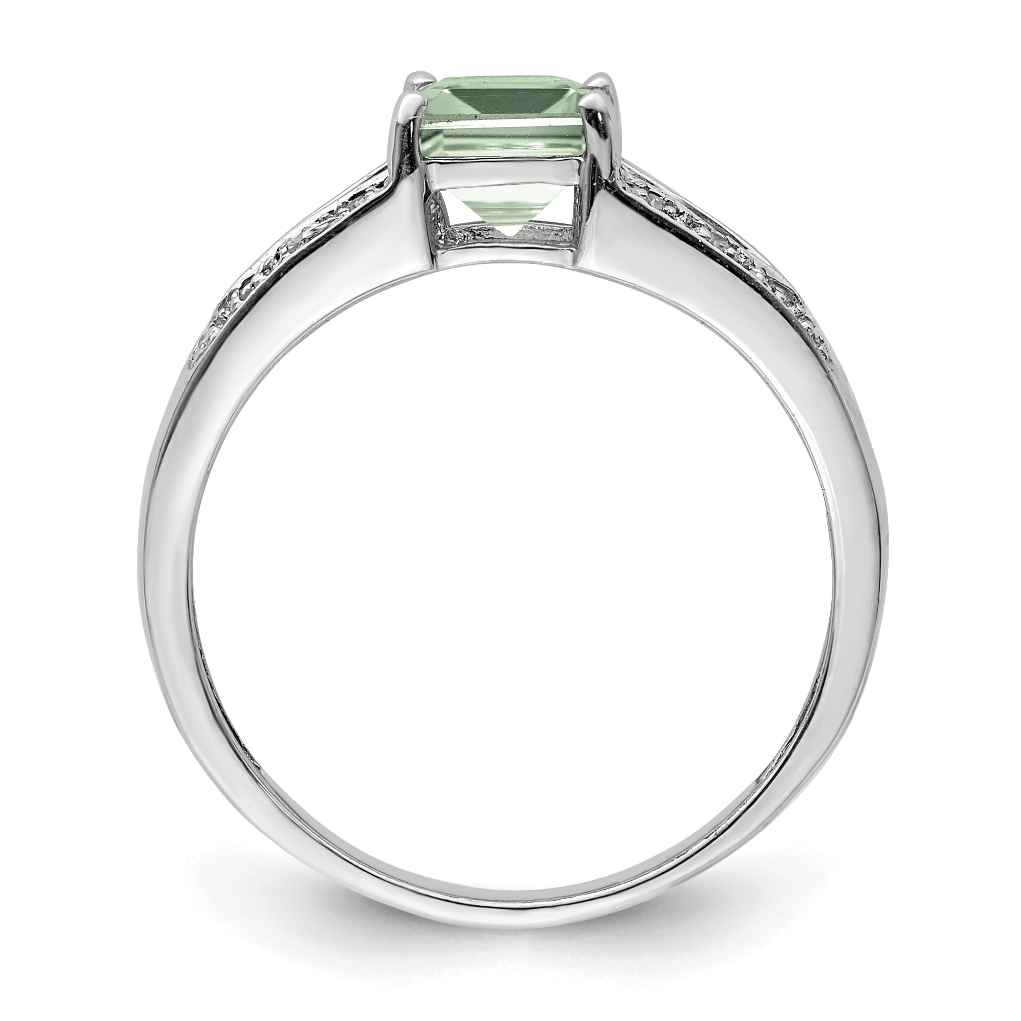 Sterling Silver Rhodium Cushion-cut Green Quartz & Diamond Ring