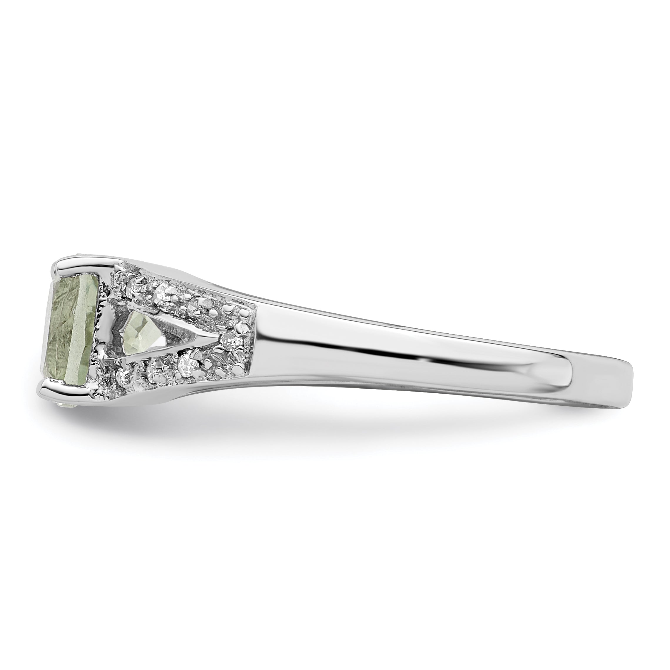 Sterling Silver Rhodium Cushion-cut Green Quartz & Diamond Ring