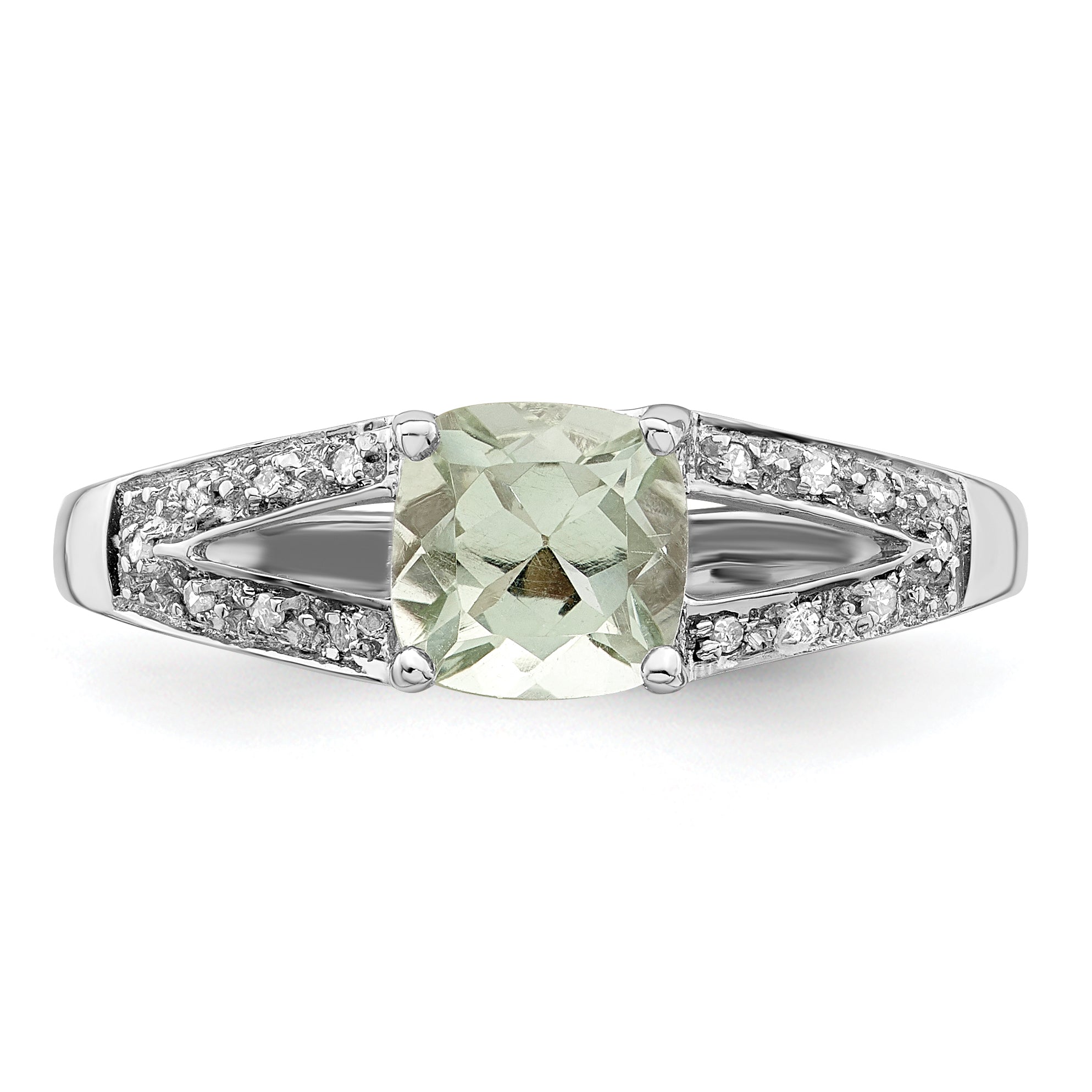 Sterling Silver Rhodium Cushion-cut Green Quartz & Diamond Ring