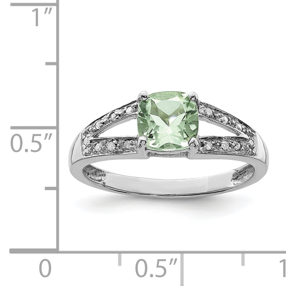 Sterling Silver Rhodium Cushion-cut Green Quartz & Diamond Ring