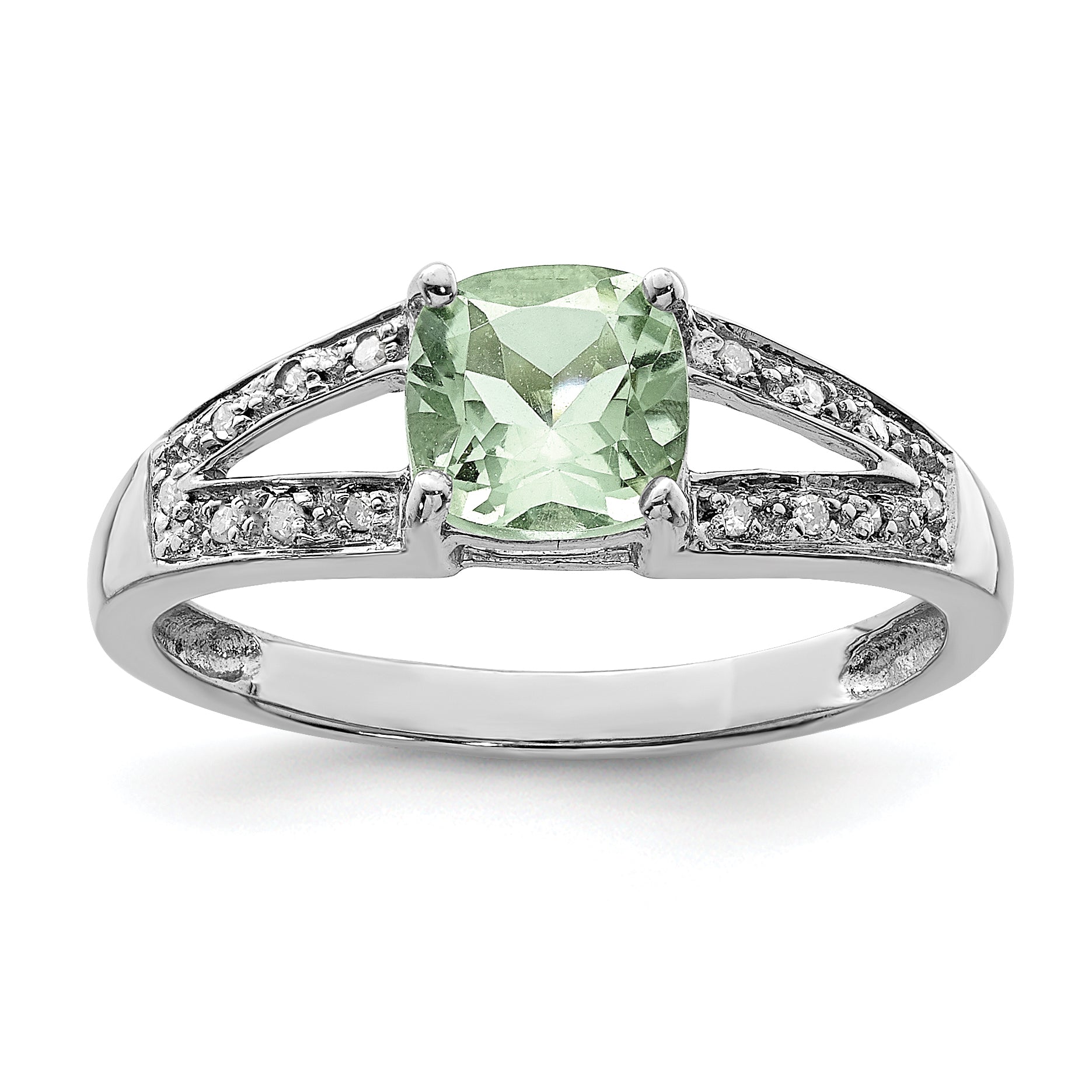 Sterling Silver Rhodium Cushion-cut Green Quartz & Diamond Ring