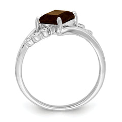 Sterling Silver Rhodium Princess-cut Smoky Quartz & Diamond Ring