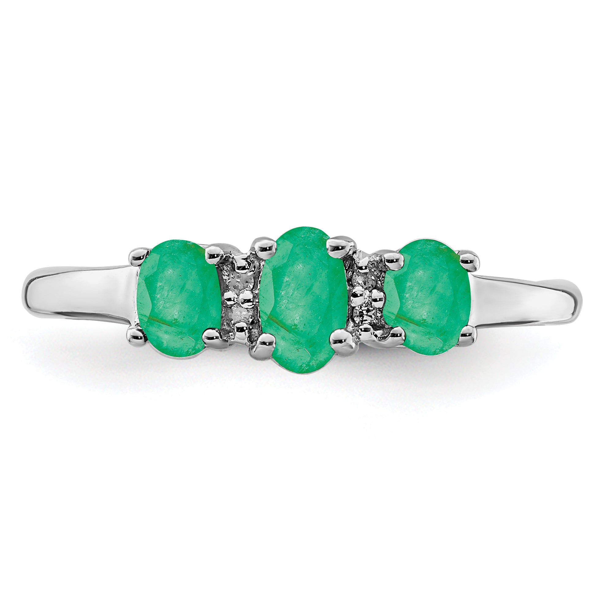 Sterling Silver Rhodium-plated Emerald 3 Stone and Diamond Ring