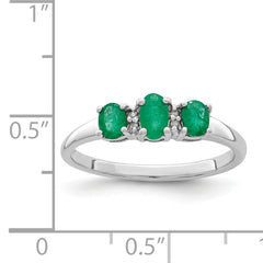 Sterling Silver Rhodium-plated Emerald 3 Stone and Diamond Ring