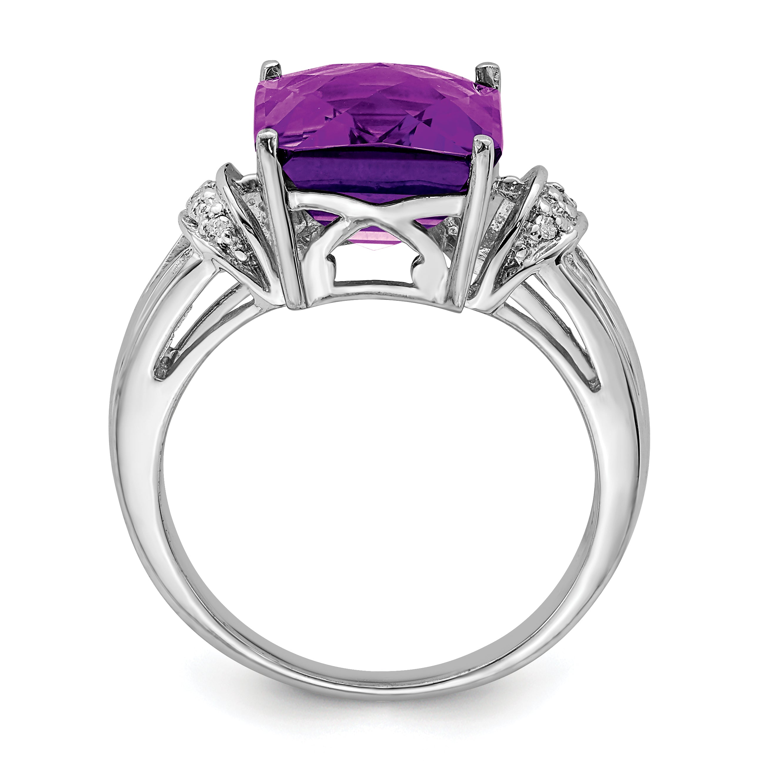 Sterling Silver Rhodium-plated Checker-Cut Amethyst & Diamond Ring