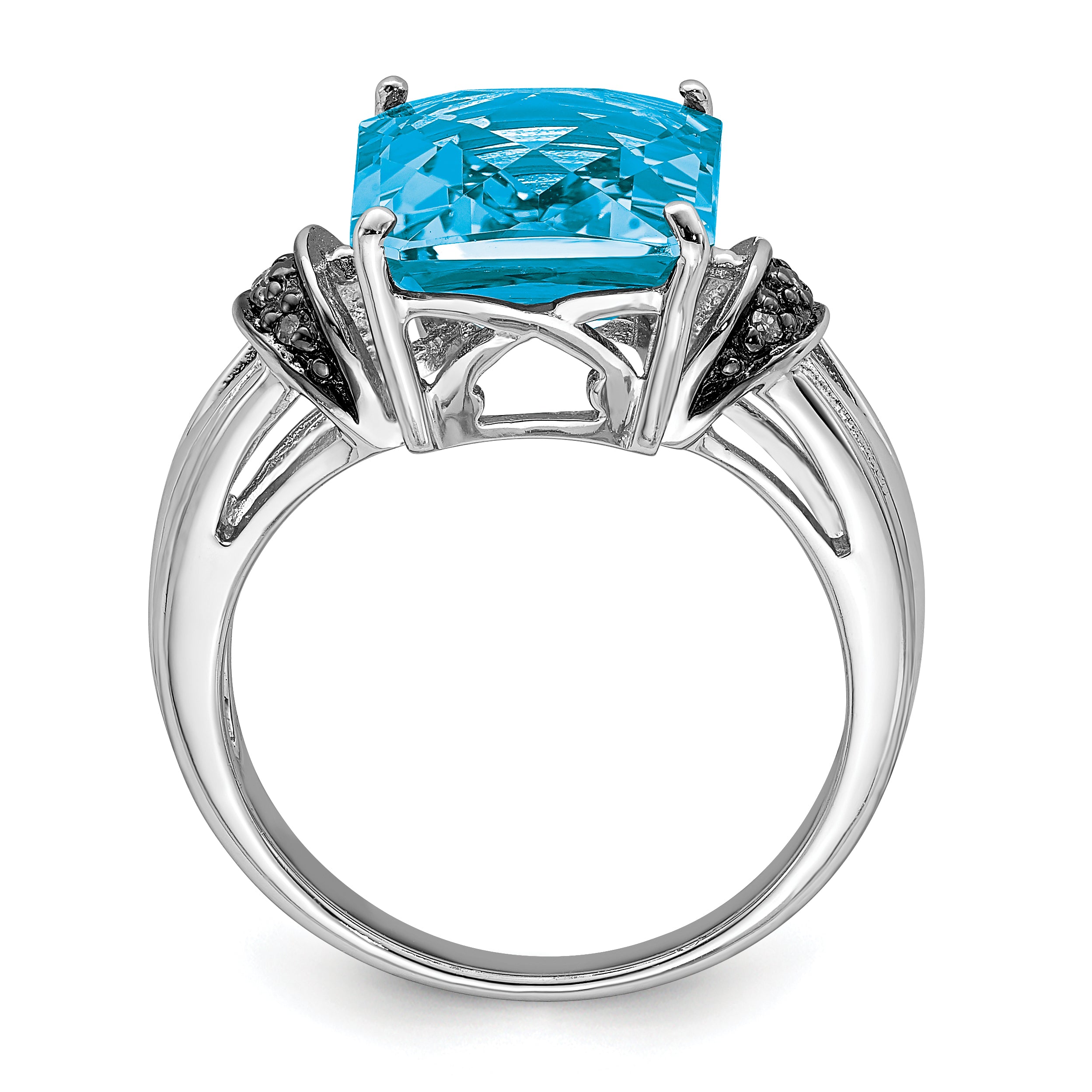 Sterling Silver Rhodium Checker-Cut Swiss Blue Topaz & Diamond Ring