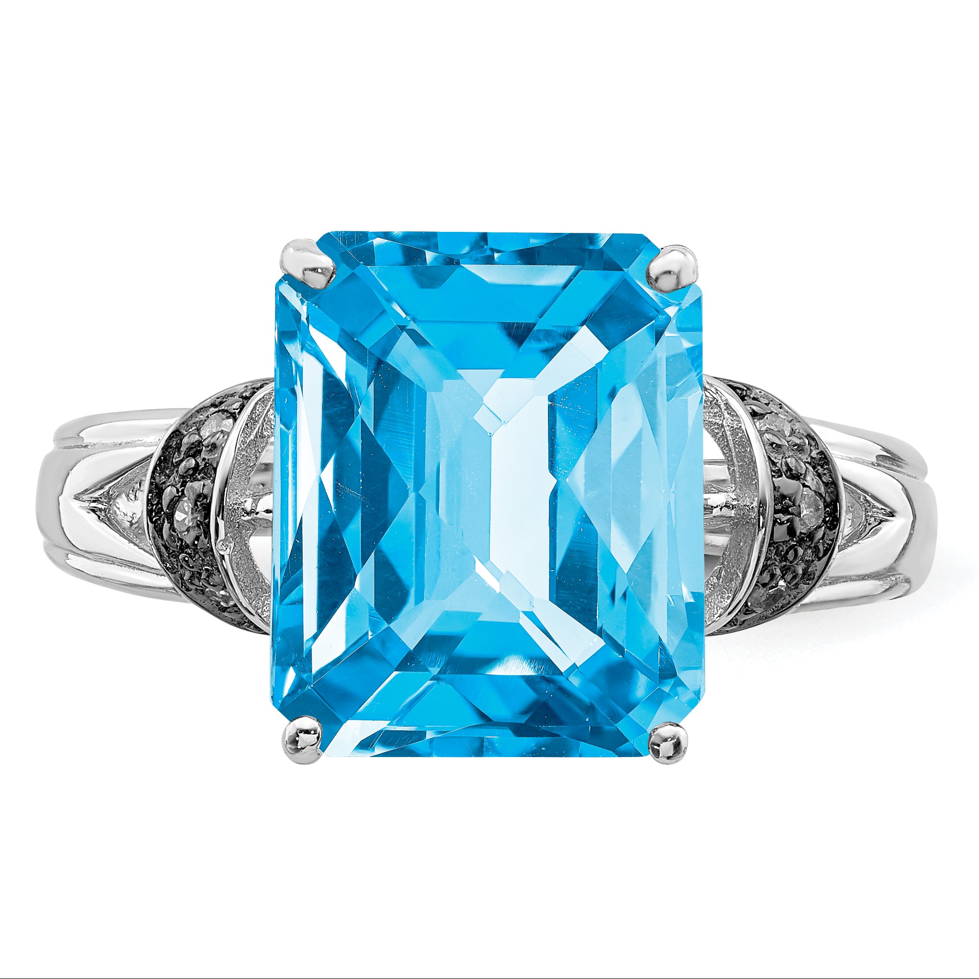 Sterling Silver Rhodium Checker-Cut Swiss Blue Topaz & Diamond Ring