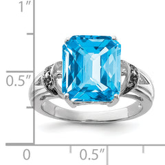 Sterling Silver Rhodium Checker-Cut Swiss Blue Topaz & Diamond Ring