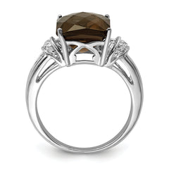 Sterling Silver Rhodium Octagonal Checker-Cut Smoky Quartz & Diamond Ring