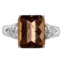 Sterling Silver Rhodium Octagonal Checker-Cut Smoky Quartz & Diamond Ring