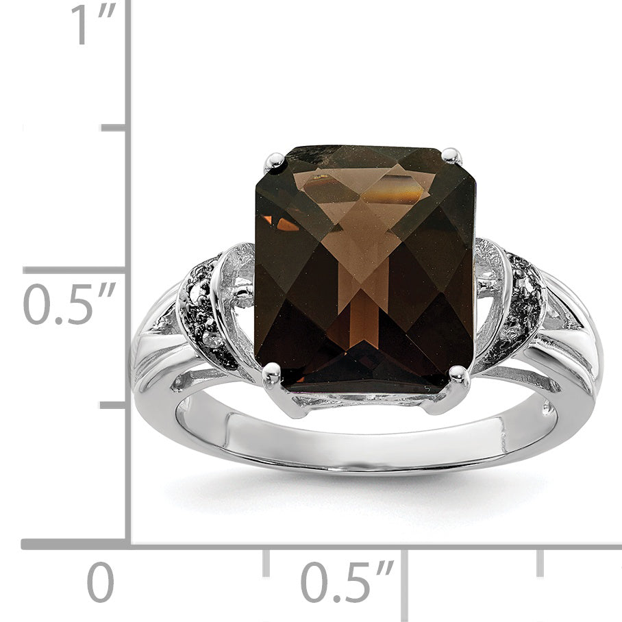 Sterling Silver Rhodium Octagonal Checker-Cut Smoky Quartz & Diamond Ring