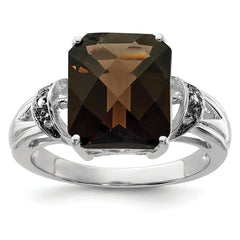 Sterling Silver Rhodium Octagonal Checker-Cut Smoky Quartz & Diamond Ring