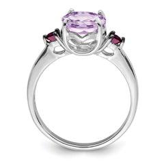 Sterling Silver Rhodium Pink Quartz & Rhodolite Garnet Ring