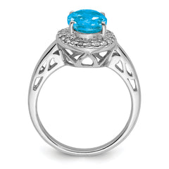 Sterling Silver Rhodium Oval Blue Topaz & Diamond Ring