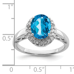 Sterling Silver Rhodium Oval Blue Topaz & Diamond Ring