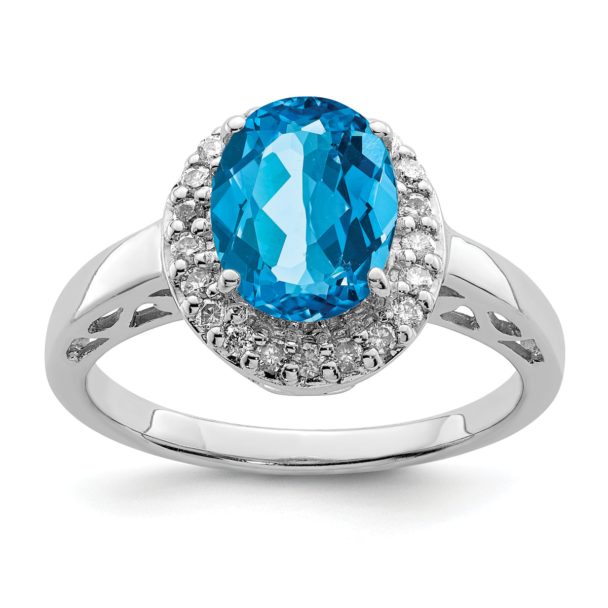 Sterling Silver Rhodium Oval Blue Topaz & Diamond Ring