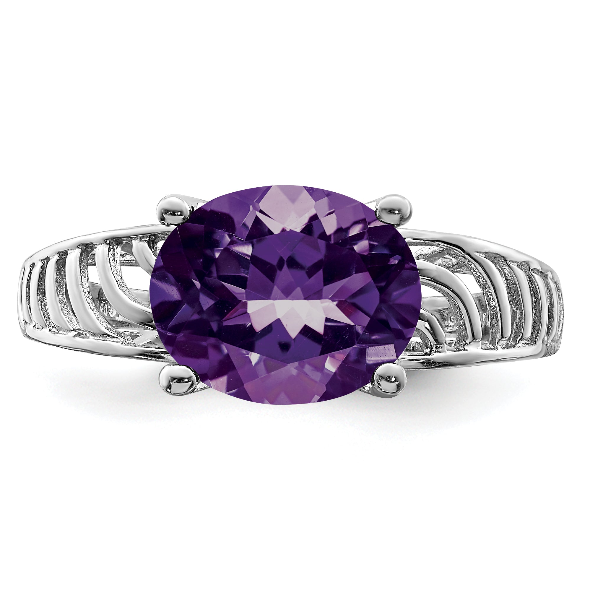 Sterling Silver Rhodium-plated Oval Amethyst Ring