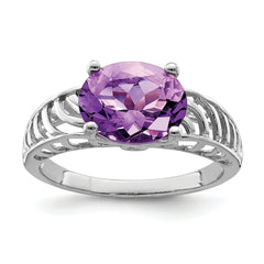 Sterling Silver Rhodium-plated Oval Amethyst Ring