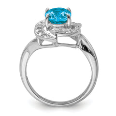 Sterling Silver Rhodium Oval Blue Topaz & Diamond Ring