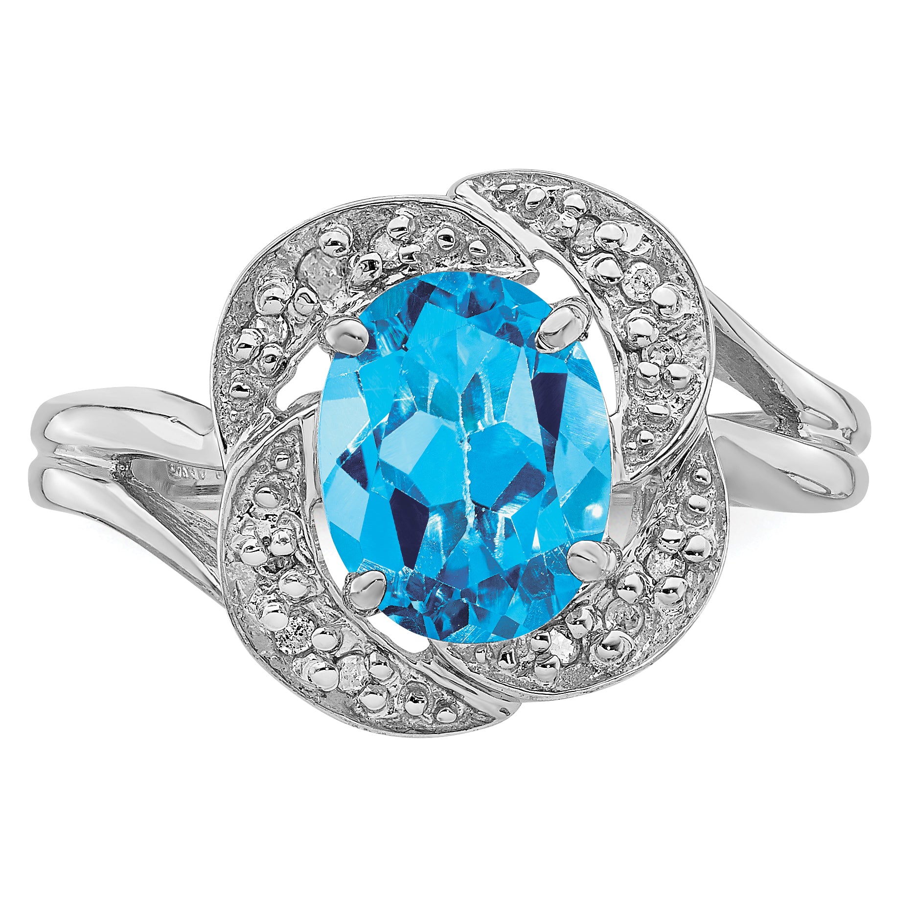 Sterling Silver Rhodium Oval Blue Topaz & Diamond Ring