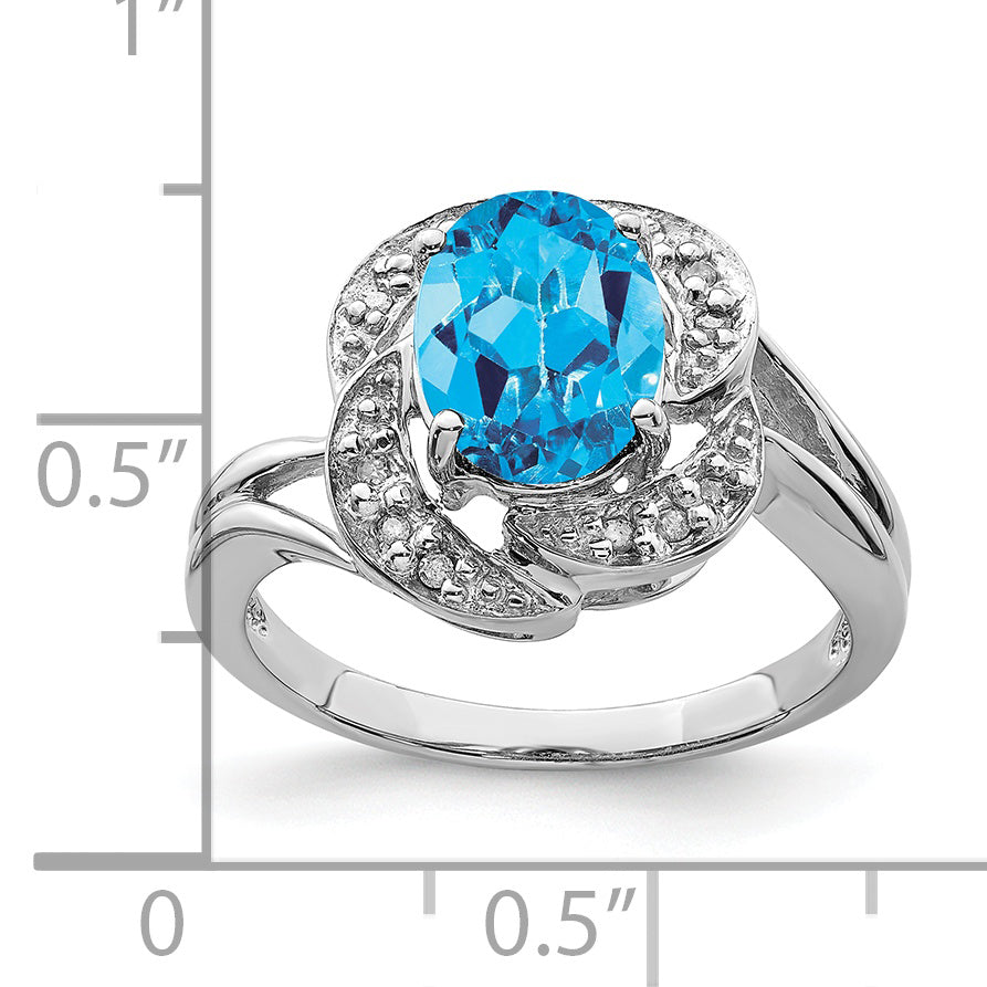 Sterling Silver Rhodium Oval Blue Topaz & Diamond Ring