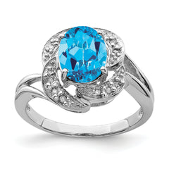 Sterling Silver Rhodium Oval Blue Topaz & Diamond Ring