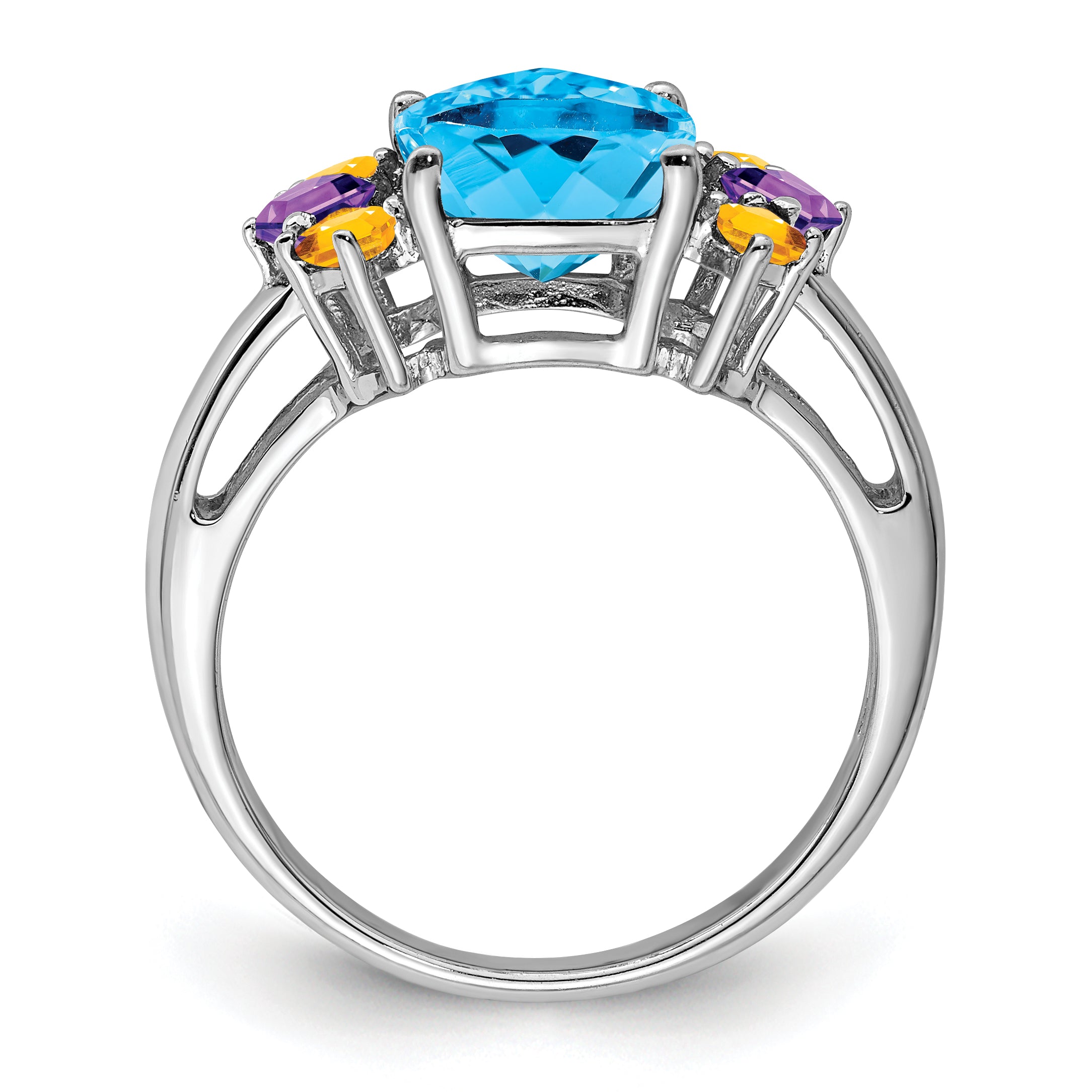 Sterling Silver Rhodium Light Swiss Blue, Amethyst & Citrine Ring