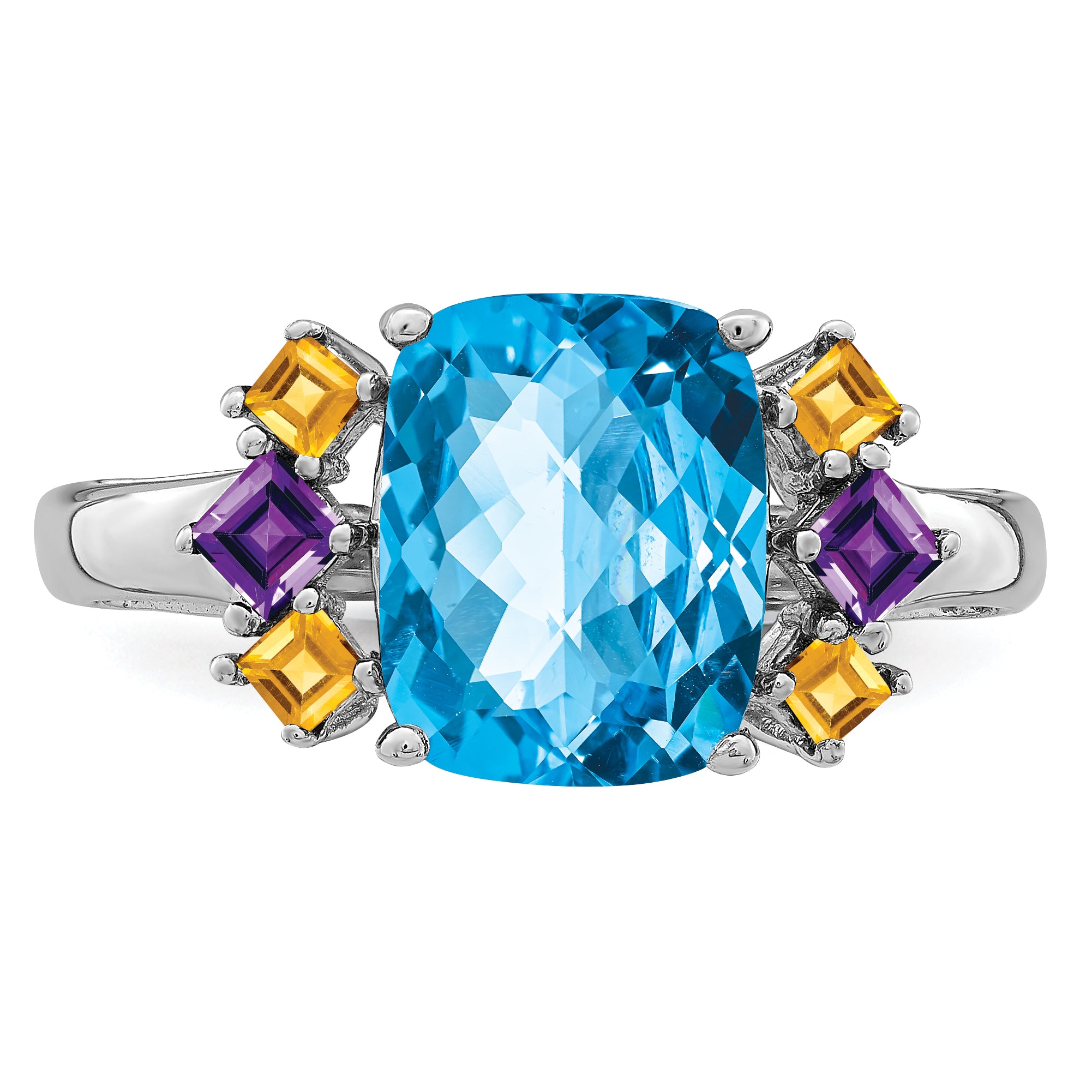 Sterling Silver Rhodium Light Swiss Blue, Amethyst & Citrine Ring