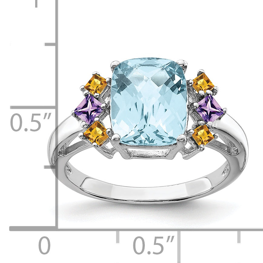 Sterling Silver Rhodium Light Swiss Blue, Amethyst & Citrine Ring