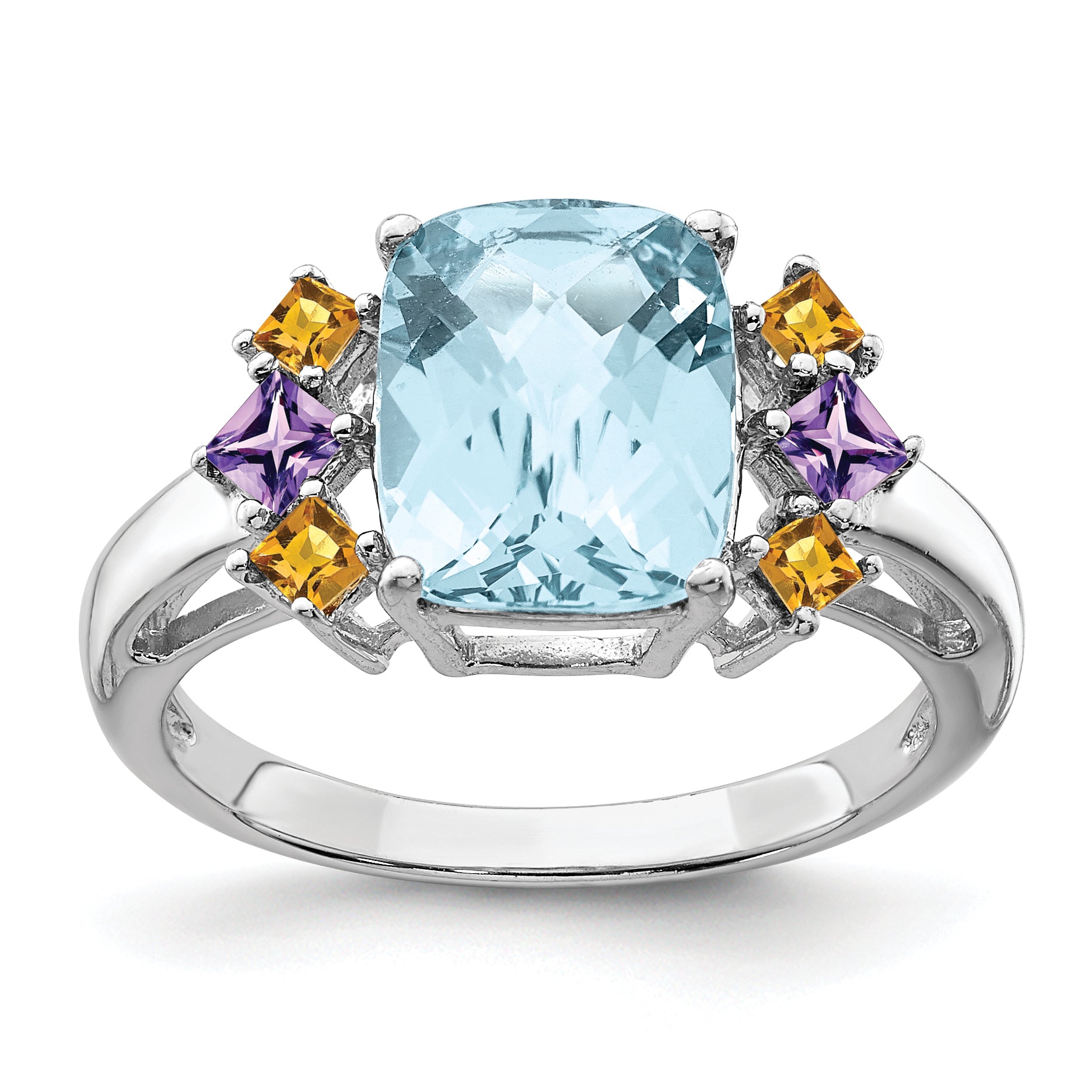 Sterling Silver Rhodium Light Swiss Blue, Amethyst & Citrine Ring