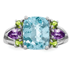 Sterling Silver Rhodium Light Swiss Blue Topaz, Amethyst & Peridot Ring