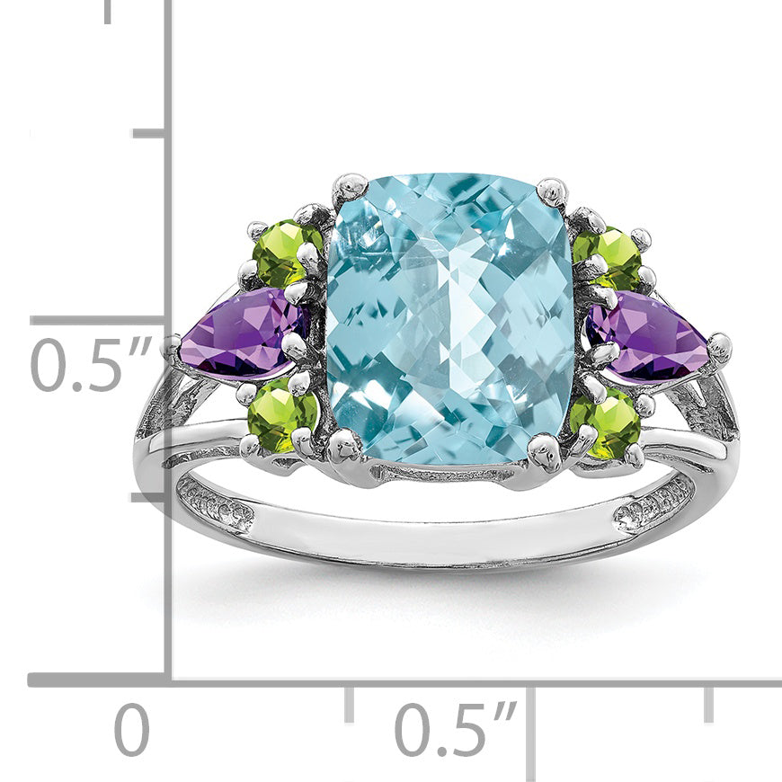 Sterling Silver Rhodium Light Swiss Blue Topaz, Amethyst & Peridot Ring