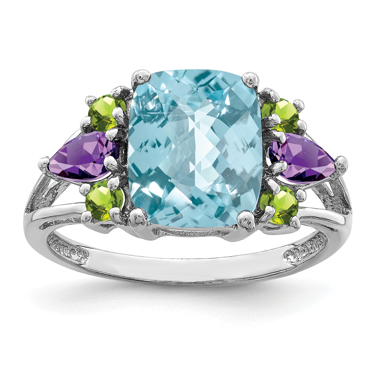 Sterling Silver Rhodium Light Swiss Blue Topaz, Amethyst & Peridot Ring