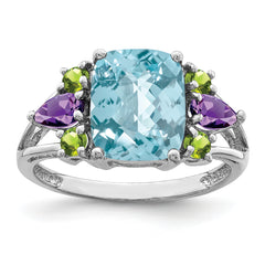 Sterling Silver Rhodium Light Swiss Blue Topaz, Amethyst & Peridot Ring