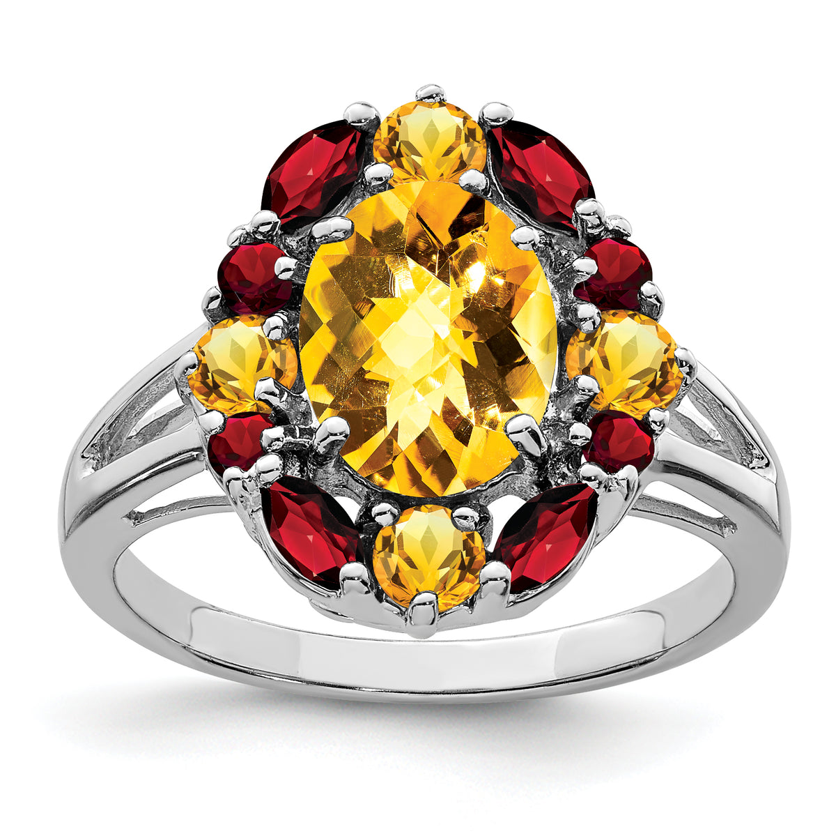 Sterling Silver Rhodium Citrine & Garnet Ring