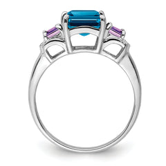 Sterling Silver Rhodium London Blue Topaz, Amethyst & Diamond Ring